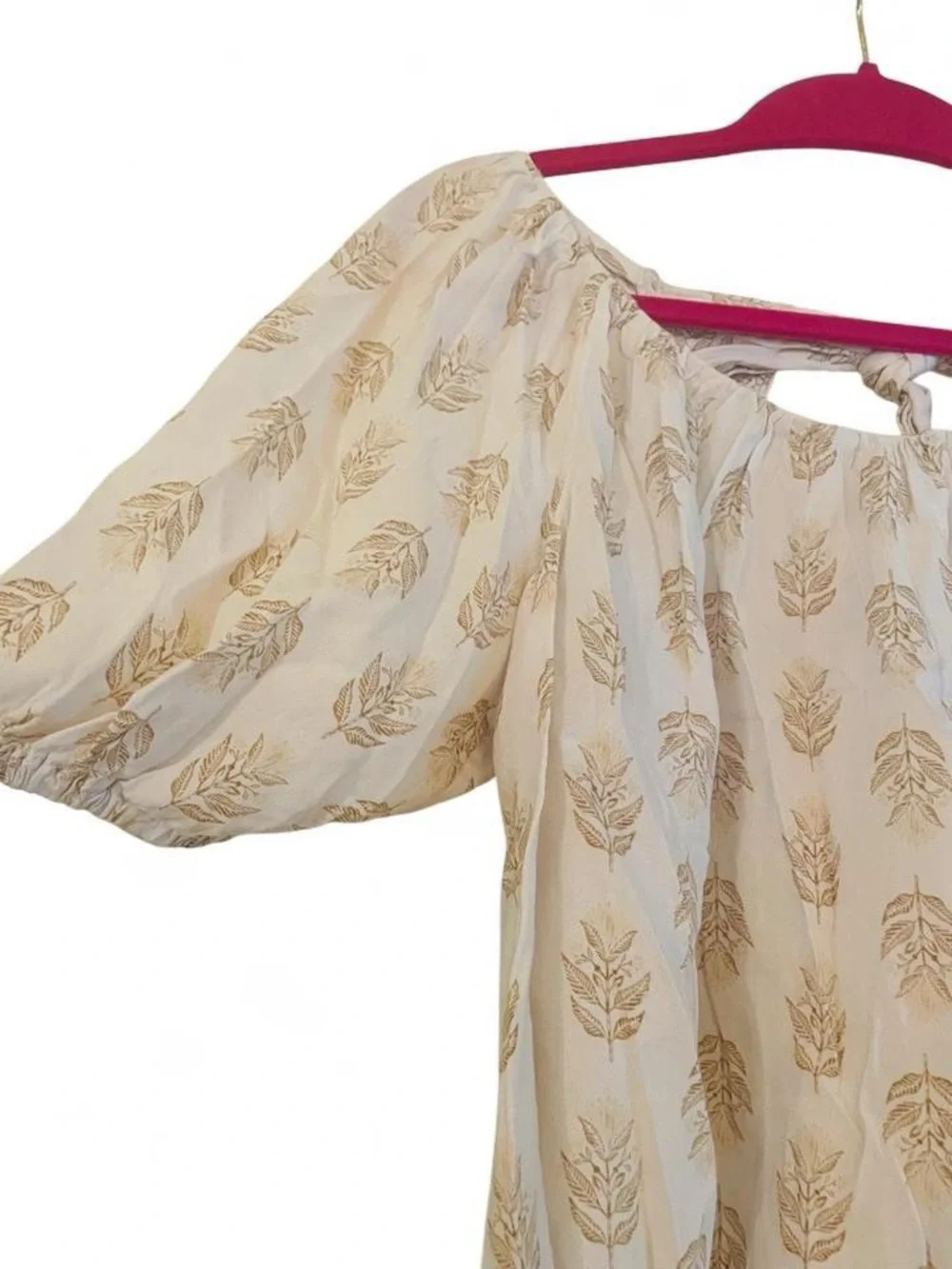 Old Navy Gold Leaf Peasant Blouse Off Shoulder Puff Sleeve Bow Back Small